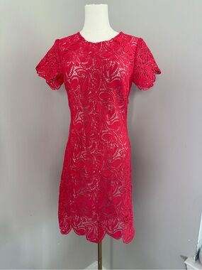 Shoshanna Coral Rae Guipure Lace Dress with Scalloped Hem